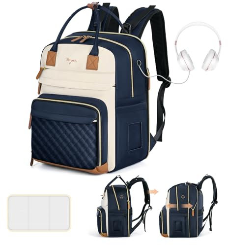 Tonyeee Wickelrucksack Rucksack 25-37L Erweiterbares Große Wickeltasche mit Wickelauflage & Kinderwagengurten, Reise Rucksack Windeltasche Mommy Bag,Blau Aprikose