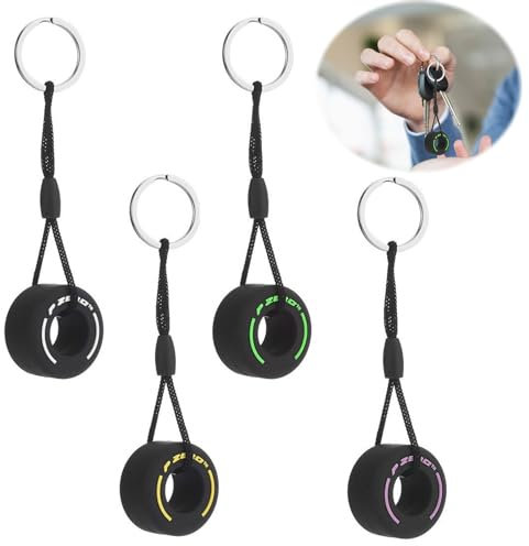 MUYAPAY 4 Pièces Porte Clef Voiture, Porte Clés Créatif, PVC Pendentif Porte Clés de Voiture Caoutchouc Souple, Porte Clés Roue Créative pour Hommes et Femmes, Rouge Jaune Bleu Rose