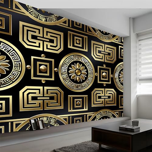 Fototapete Antike Griechische Geometrische Rune Vlies Tapeten Wandtapete, Schwarz-Gold Moderne Wanddeko Design Wand Dekoration Wohnzimmer Schlafzimmer Büro Flur 250 x 175 cm (WxH) Wandtapete