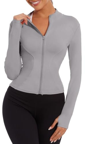 Yutdeng Womens Running Jacket Slim Fit Crop Tops Long Sleeve Gym Tops Ladies Sports T-Shirts Full Zip Stretchy Lightweight Activewear with Thumb Holes Fitness Workout Yoga Track Jackets,Grey,S