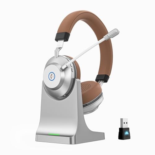 Wireless Headset, Bluetooth Headset with Noise Cancelling Microphone, Bluetooth V5.3 Lightweight Wireless Headphones with USB Dongle, Charging Base & Mic Mute for PC/Laptop/Phones/Call Center/Zoom