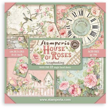 Stamperia - Scrapbook Paper Pad for Scrapbooking, Albums, Card Making, Bullet Journalling and More, Acid Free, Single Face, Perfect for Hobbies, Crafts, and Gifting (House of Roses) (20.3 x 20.3cm)