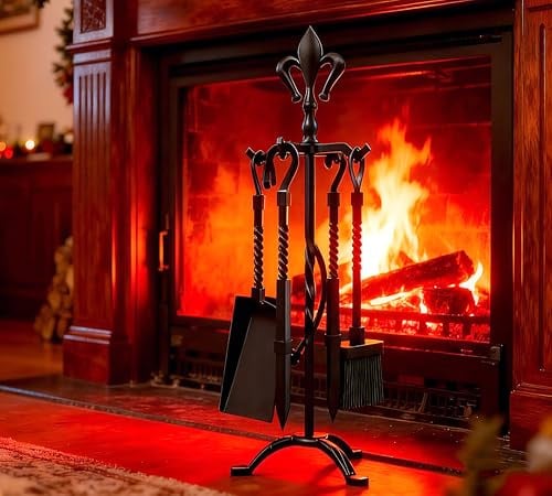 Kingson 5-Piece Cast Iron Fireplace Companion Set – Black Finish – Includes Poker, Tongs, Brush, Shovel & Stand – Fireside Tool Set for Traditional Open Fireplaces – 53cm Tall