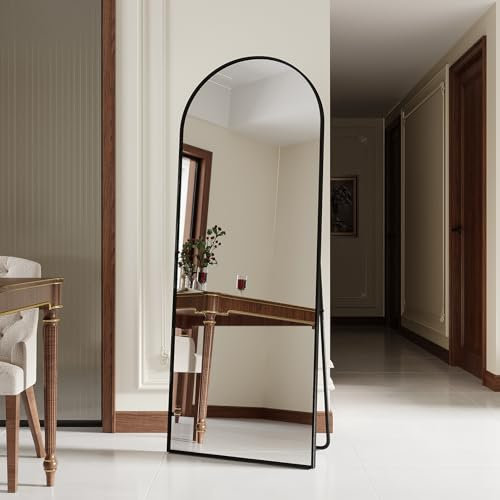 TIMORWTF Miroir sur Pied 165x60cm,Miroir Arqué avec Cadre en Alliage D’Aluminium,Grand Miroir de Sol Pleine Longueur,pour Chambre, Salon, Dressing,Verre Trempé, Noir