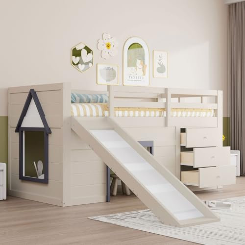 Merax Kinderbett 90x200 Funktionsbett Kinder Hochbett mit Rutsche, Stauraum, Unterhaltungsbereich unter dem Bett - Holzbett mit Lattenrost, Leiter und Rausfallschutz, Kiefer, ohne Matratze, Creme