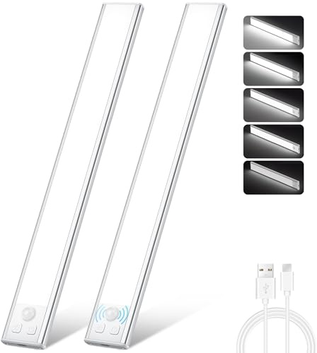 Ylatoial Luz de Armario Recargable con Sensor Movimiento, 31CM 6500K Regulable Lampara LED Adhesiva, Luz Nocturna para Cocina,Gabinete,Escalera,Sótano,Garaje-2PCS