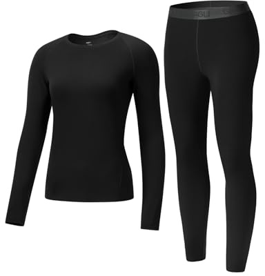 gagli Set di biancheria intima termica da donna, strato di base, ultra morbido, a maniche lunghe, foderato in pile, maglia a maniche lunghe e leggings termici per l'inverno, Nero , M