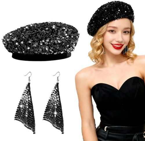 AffeGifts Abba Kostüm Damen, Shiny Disco Hüte mit Pailletten Ohrringe 70er Jahre Outfit Damen Abba Hüte für Teen Girls Frauen 70er 80er Jahre Disco Themenparty
