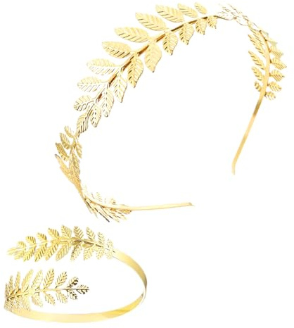 Gold Blatt Stirnbänder, griechisches Blatt-Stirnband, Oberarmreif, Gold Blatt Kronen Kopfschmuck, für Braut, Frauen und Mädchen, Griechische Göttin Kostüm Schmuck Set (A)