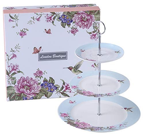 London Boutique Cake Stand afternoon tea stands 3 tier cake stand Vintage Bird Rose Butterfly New Bone China Serving Plate for Tea Party High tea Gift for Her (Blue)