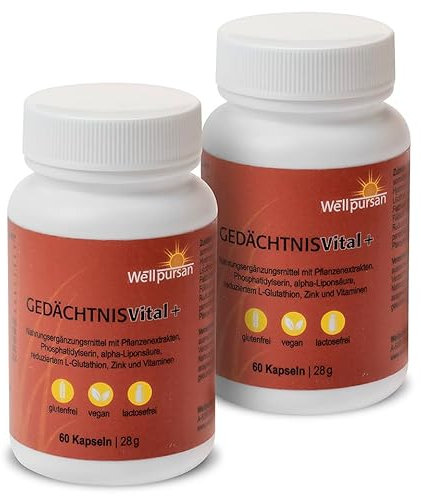 Wellpursan Gedächtnis vital+ 120 Kapseln, enthält Ashwagandha, Vitamin B12 und B6, Nahrungsergänzungsmittel zur Unterstützung von geistiger und körperlicher Leistungsfähigkeit, 100% vegan