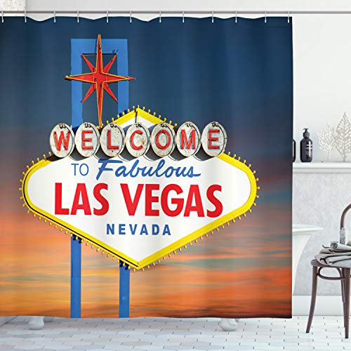 ABAKUHAUS Vereinigte Staaten von Amerika Duschvorhang, Fabulous Las Vegas Nevada, Stoffliches Gewebe Badezimmerdekorationsset mit Haken, 175 x 240 cm, Nachtblau Orange