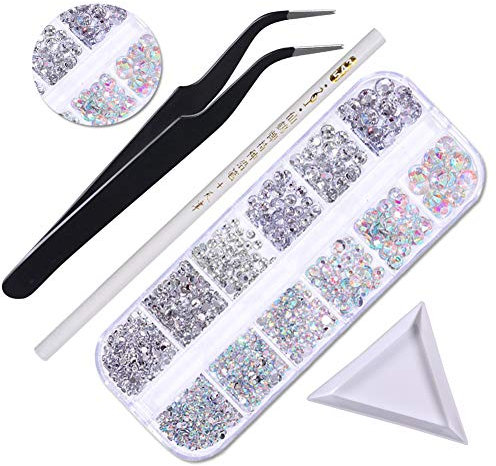LOOHAOC Diamantes de Uñas 1500 pcs Uñas Cristal AB y Cristal Transparente Gemas de Vidrio Redondas de Decoraciones para Uñas para Manualidades en Uñas y Cara (6 Tamaños)