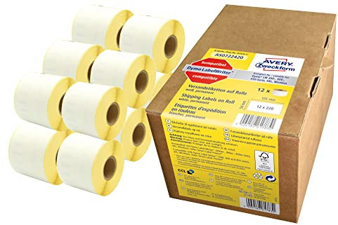 Avery Zweckform AS0722420 Dymo LabelWriter Versandetiketten kompatibel zu S0722420 (54x101mm, 12 Rollen|2.640 Aufkleber, selbstklebend, für LW Dymo Etikettendrucker/Beschriftungsgerät/Etikettenband)