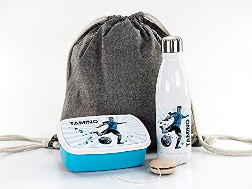 GRAZDesign Einschulung Geschenk Set Brotdose mit Trinkflasche Fussball inkl. Turnbeutel Motiv Fußballer Wasserflasche personalisiert mit Namen, Edelstahl 500ml