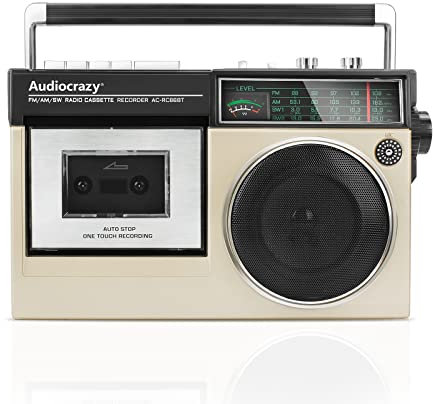 Boombox Retro Cassette Player AM FM SW Radio Cassette Recorder with Built-in Microphone, Wireless Streaming, USB Port, Headphone Jack, AC or Battery Power Supply (Gold)