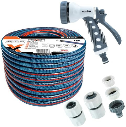 REXXER Gartenschlauch 1/2 Zoll | 4-lagiger Wasserschlauch | flexibel und UV beständig | Set für Gartenarbeit, Bewässerung und Reinigung | 50m mit Schlauchverbinder & Spritzpistole