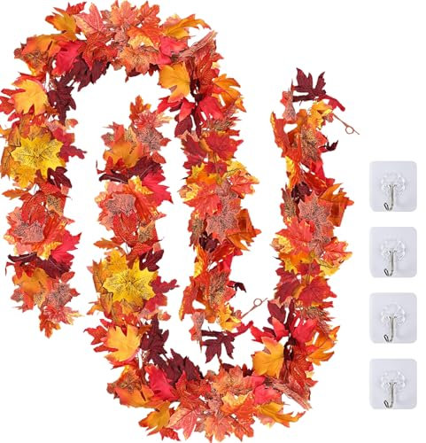 TENQUAN 2 PCS Herbst Girlande Ahornblätter, 5.7 FT Herbstblätter Girlande, Künstliche Ahorn Girlande Herbst Deko für Halloween, Erntedankfest, Party, Haus, Wand, Garten, Kamin, Treppe (2 Rot)