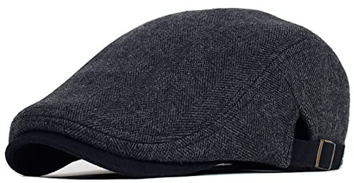 FICORD Schiebermütze Herren Große Größe Zeitungsjunge Mütze Männer Winter Dicke Warme Vintage Fischgrätenmuster Streifen Baskenmützen Gatsby Flacher Hut Schirmmütze Einstellbar,Schwarz,59-63 cm