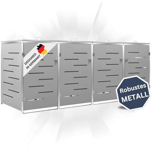 DELUKE 4er Mülltonnenbox JAGU Edelstahl | Grau | 115,5x276,5x77,5cm | Mülltonnenverkleidung für 4 Tonnen 240L Müllbox aus Metall Mülltonnenschutz Mülltonnendach