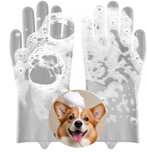 AOZUO Haustier Grooming Handschuhe, Waschhandschuhe für Hunde und Katzen, Fellpflegehandschuhe Silikon, hitzebeständige Badehandschuhe für Haustiere zum Massieren, Schrubben und Haarentfernen (Grau)