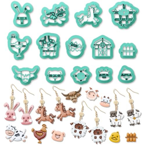 ORIGACH Lot de 14 emporte-pièces en argile polymère en forme d'animal de la ferme, pour la fabrication de boucles d'oreilles, vache, lapin, poulet, cochon, lion, ferme, maison, fabrication de bijoux