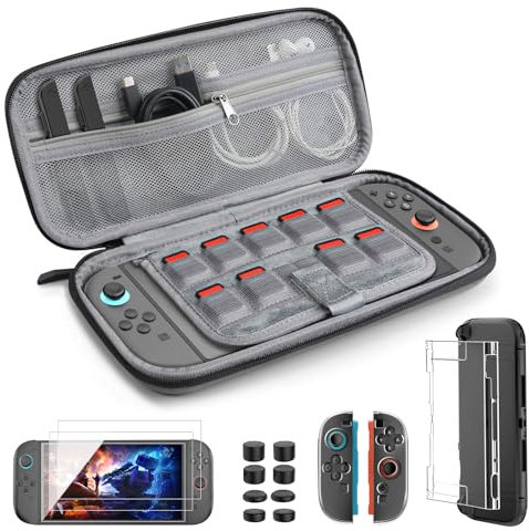 TiMOVO Zubehör Bundle Kit für Nintendo Switch 2, 14-in-1 Switch 2 Zubehör Set mit Tasche, PC Schutzhülle, TPU JoyCon Hülle Case, 4 Stück Panzerglas und 8 Stück Joystick Kappen, Grau