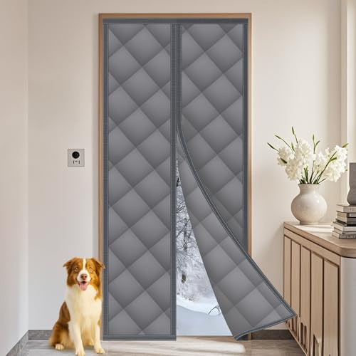 Flintronic Magnet Wärmeschutzvorhang für Türen, 110x220cm Thermo Türvorhang, Lsolier Schutz Vorhang, Wasserdicht Winddicht Magnetvorhang ohne Bohren für Balkontür, Kellertür, Wohnzimmer(Dunkelgrau)