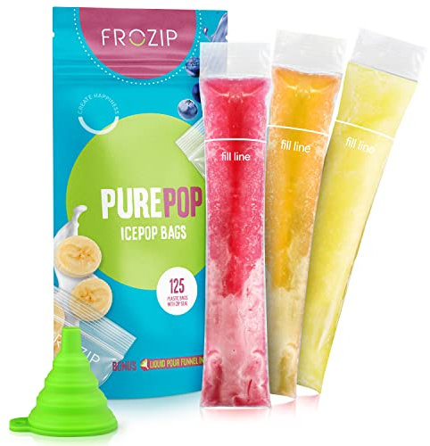 Frozip 125 Disposable Ice Popsicle Mold Bags| BPA Free Freezer Tubes With Zip Seals | For Healthy Snacks, Yogurt Sticks, Juice & Fruit Smoothies, Ice Candy Pops| Comes With A Funnel (8x2)