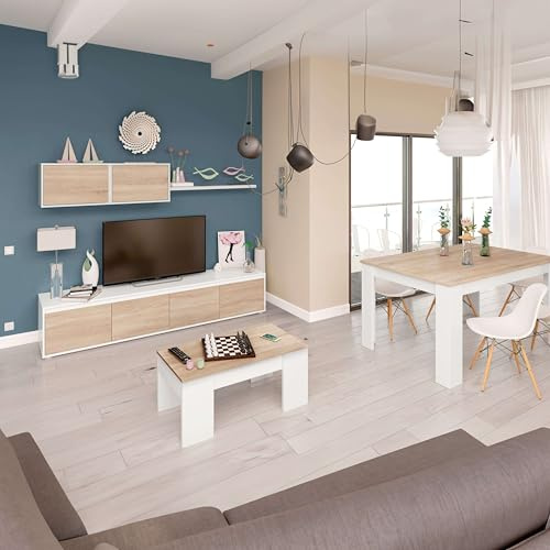Miroytengo Pack de Muebles de Salón Estilo Nórdico en Color Blanco y Roble Claro con Modulo de TV, Mesa de Centro y Mesa de Comedor