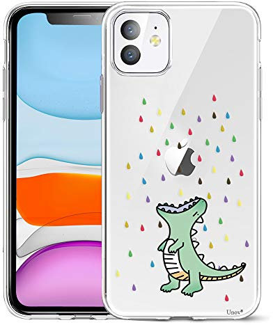 Unov Case Compatible with iPhone 11 Case Clear with Pattern Slim Protective Soft TPU Bumper Embossed Design 6.1 Inch (Rainbow Dinosaur)