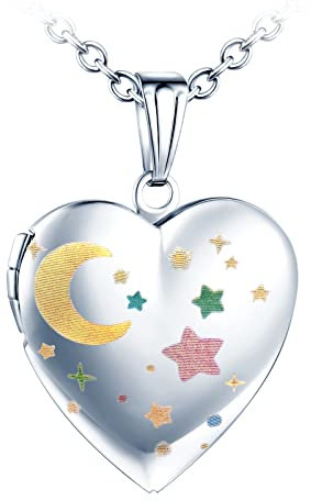 Yumilok Sterne Mond Herz Medaillon Edelstahl Foto Anhänger Kette Amulett zum öffnen für Bilder Foto Amulett Halskette für Frauen Mädchen
