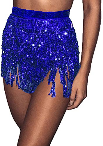 Bufenia Damen Bauchtanz Hüftrock Quaste Pailletten Hüftschal Riemchen Wrap Rave Röcke Halloween Kostüm Club Festival (Königsblau)
