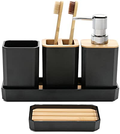 FEILANDUO Badezimmer-Zubehör-Set, 5-teiliges Badezimmer-Zubehör-Geschenk-Set, Seifenspender, Seifenschale, Zahnbürstenhalter, Zahnputzbecher, Schminktisch-Tablett, Boho, Moderne Badezimmer-Dekoration