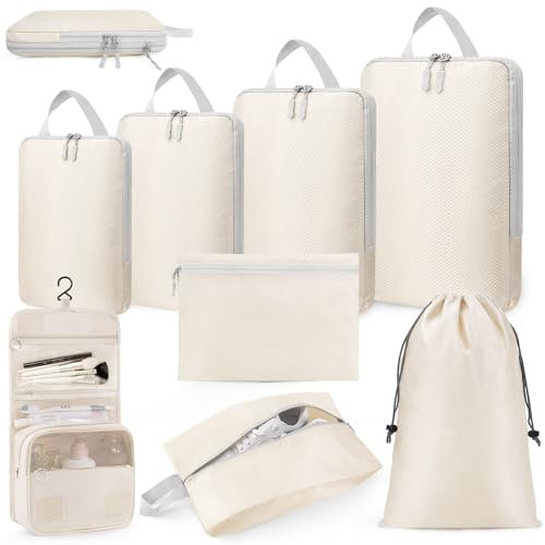 Anjing Compression Packing Cubes [8-teilig] - Koffer Organizer set, Packwürfel Kompressions Mehr Platz Sparen, Reise Organizer mit Schuhbeutel und Kosmetiktaschen, Beige
