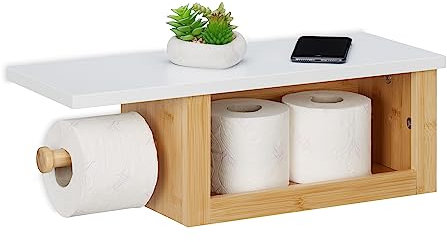 Relaxdays Toilettenpapierhalter mit Ablage, Klopapierhalter Bambus, offenes Fach, HBT: 17x50x18 cm, Wand, Natur/weiß