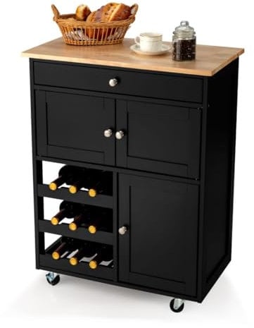 GiantexUK Kitchen Storage Trolley on Wheels, Rolling Serving Island Cart with Drawer and Wine Racks, Wooden Storage Display Cabinet for Dining Room Restaurant & Bar (Natural + Black)