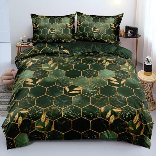 Parure de lit réversible en microfibre esthétique - 155 x 220 cm - Motif à carreaux - Aspect marbre 3D - Vert foncé - Housse de couette 155 x 220 cm - Lit simple avec fermeture éclair