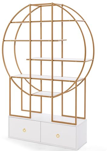 CASART Free Standing Bookshelf, 180cm Gold Bookcase with Metal Frame, Staggered Shelves & Drawers, Geometric Display Shelf Modern Shelving Unit for Living Room Study Home Office