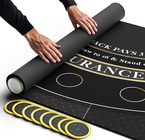 Newverest Blackjack Mat 178 x 89 cm, Blackjack Table Top for Home Game Nights with Friends, Black Jack Casino Table Topper, Poker Mat Layout in Zipper Storage Bag with 8 Coasters in Gift Box