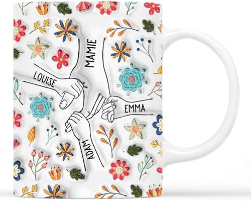 Cadeau Plus Mug Personnalisé Prénom - Mamie Maman Tenant Les Mains - Cadeau Mamie, Tasse Personnalisée Maman, Cadeaux pour maman, Mug grand mere (Modèle 9)