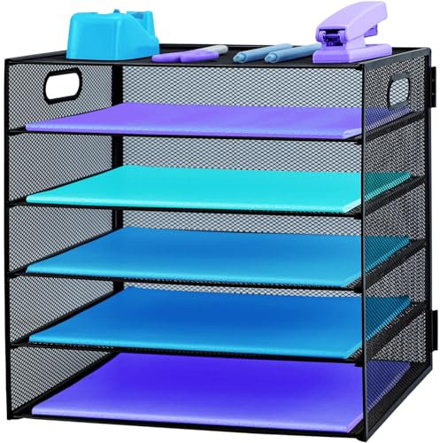 5 Tier Paper Letter Tray with Handle, Metal Mesh Desk File Organizer with Trays, A4 Paper Desktop Filing Trays for Home Office School, Black