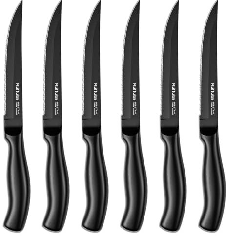 Ruffulon Profi Steakmesser Set 6 teilig,Edelstahl Steakmesserset,Einteilig Geschmiedet Steakbesteck Set,Steak Messer Set mit Wellenschliff,Küchenmesser,Schwarzes Jausenmesser,Spülmaschinenfest