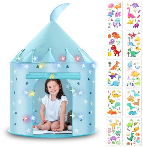 HOTUT Kinder Spielzelt, Prinzessin Zelt Blau, Kinderzelt Indoor Outdoor mit lichtern und Aufkleber, Pop Up Spielzelt für Kleinkinder und Kinder, Faltbar Spiel Haus für Garten Camping
