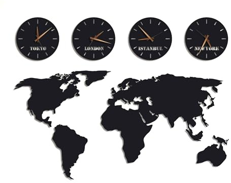 HUFA CONCEPT Metal World Map Wall Art, 4 Custom Time Zone Clocks for Office | 1.5 mm Steel, Matte Finish, Hidden Mounting, 0.8-Inch Floating Effect