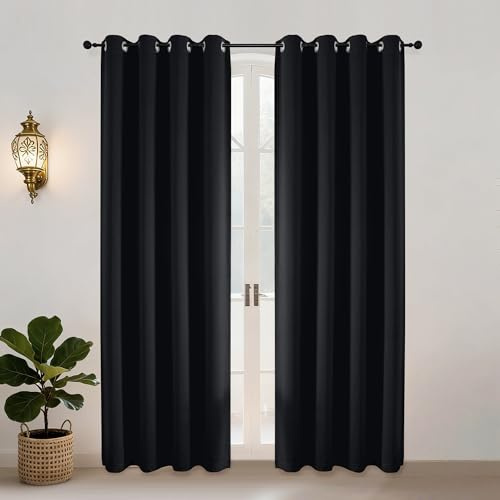 Simplebrand Vorhang Blickdicht Schwarz Schalldämmend, Gardinen mit Ösen 2er Set H200 x B140 cm, Thermo Vorhänge Gegen Kälte Vorhang Modern Ösenschal für Wohnzimmer Schlafzimmer