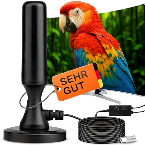 Retoo DVB-T2 Antenne mit Verstärker, LTE Filter, 30dBi Digitale Zimmerantenne für Innen, 360° Empfang, Magnetfuß, 5m Kabel, UHF/VHF, 75 Ohm, 4K & Full HD kompatibel, Schwarze
