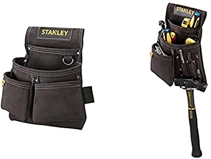 STANLEY Leather Nail and Hammer Pouch with Leather Double Nail Pocket Pouch - Black