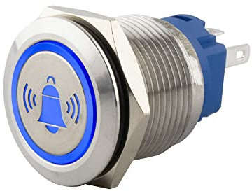 SeKi Pulsante a pressione in acciaio inox, diametro 19 mm, forma piatta a forma di testa piatta con campane illuminate colorate, con occhielli per saldatura, connettore piatto 0,5 x 2,8 connettore;