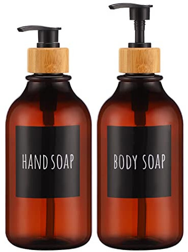 Segbeauty Seifenspender, 2 Stück 500 ml Seifenspender Set mit Bambuspumpe und wasserdichten Etiketten, Kunststoff nachfüllbare Shampoo Conditioner Lotion Handseifenflasche für Küche und Bad, Bernstein